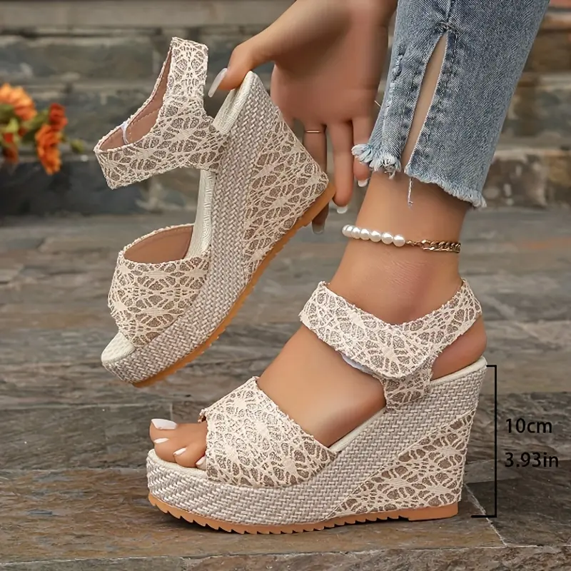 2026 Summer New Style Women'S Elegant Black High Heel Sandals with Floral Lace Details, One-Line Wedge Sandals, Women Shoes
