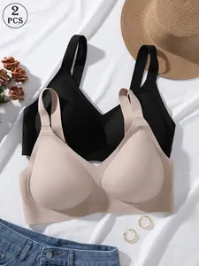 2pcs Women's Plus Size Seamless Underwear Bra, V Neck Sexy 0xl-4xl, Wirefree Push-Up Bra with Padded Smooth Soft Comfortable Breathable Fit, Spring Summer Essential