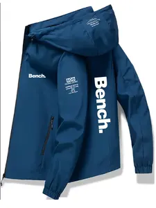 Men's Streetwear Bench Print Hooded Jacket, Spring & Fall New Premium Zipper Pocket Coat, Casual Fashion Outdoor Sports Jacket