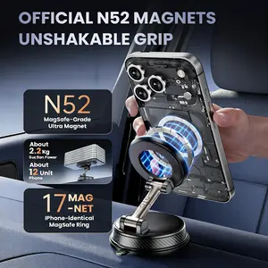 N52 MagSafe Magnetic Suction Cup Car Phone Holder Mount, 360° Rotatable Foldable Dashboard Windshield Stand, 2.2kg Strong Suction Power, Super Stable Anti‑Shake No Fall, Universal Magnetic Cradle for iPhone, Samsung, Google Pixel & All Smartphones