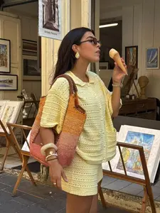 Women's Boho Crochet Set, 2-Piece Matching, Short Sleeve Knit Beach Cover-Up, Loose-Fitting, All Seasons