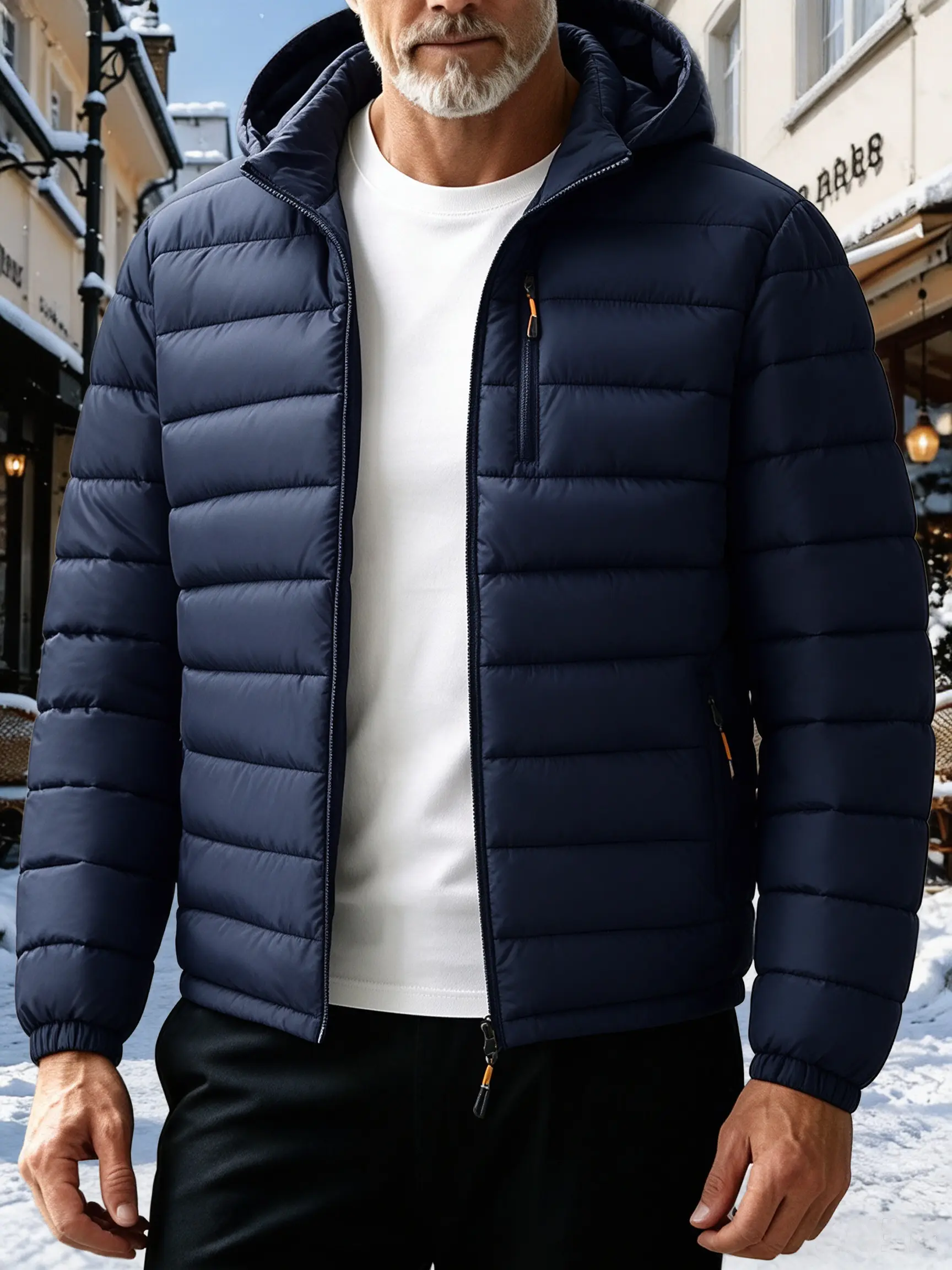 Men’s lightweight winter hooded jacket with horizontal seam construction for warmth retention, windproof fabric, multiple zippered storage pockets, lightweight and not bulky—ideal for everyday commuting, outdoor activities, and casual wear.