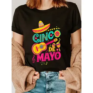 Women's Cinco De Mayo Mexican Fiesta T-Shirt - Vibrant Sombrero Guitar Floral Print Short Sleeve Crew Neck 100% Cotton Casual Top for Party Celebration