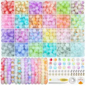 700pcs Jewellery Making Glass Beads, 24 Colours 8mm Glass Beads Friendship Bracelet DIY Earrings Making Kit Necklace with Spacer Beads Ring