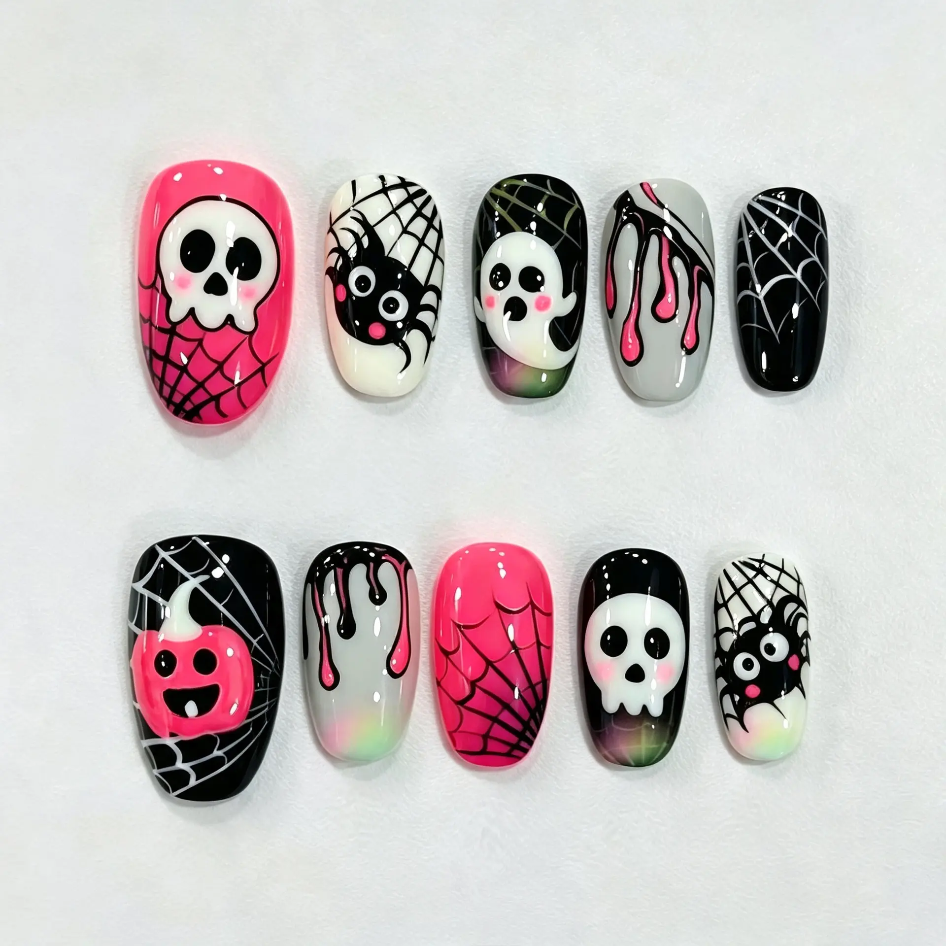 Exquisite Sweet Cool Halloween Ghost Short Oval Press On Nails Ins Spider Web Pumpkin Fake Nail