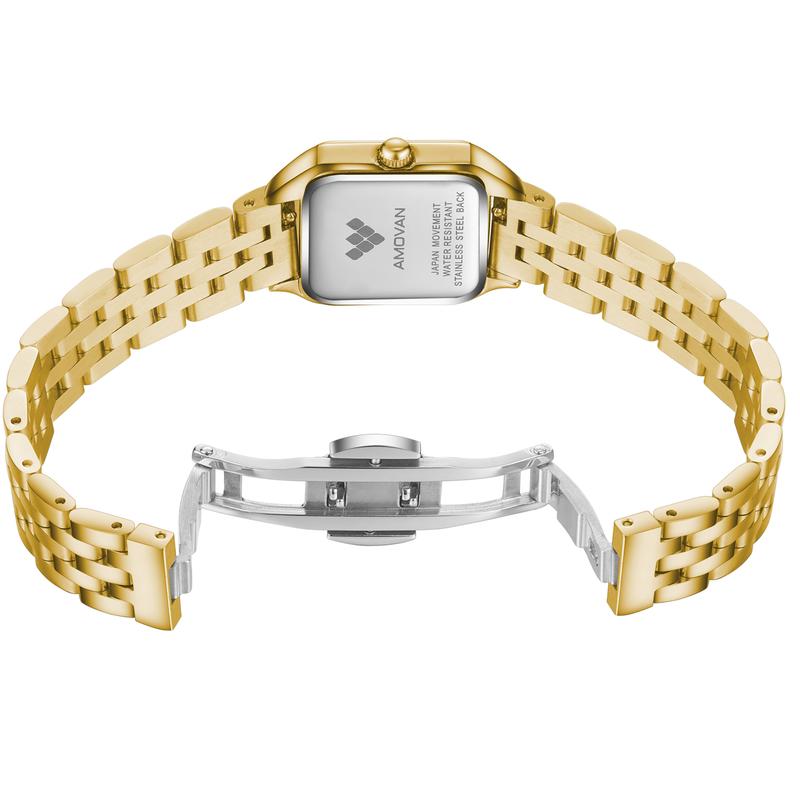 AMOVAN Gold Stainless Steel Bracelet Watch with Black Dial and Roman Numerals