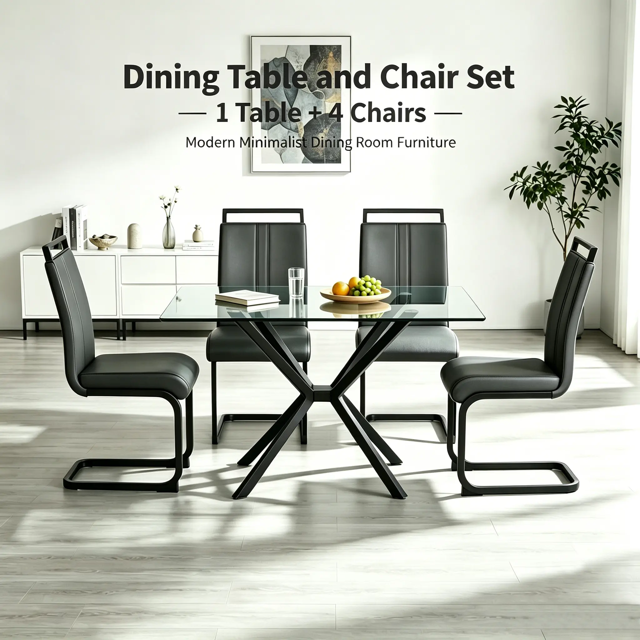 Modern 5-Piece Glass Dining Table Set with 4 Faux Leather Chairs, Space-Saving Kitchen Table Furniture for Breakfast Nook Apartment, Easy Clean Clear Top & Sturdy Black Legs