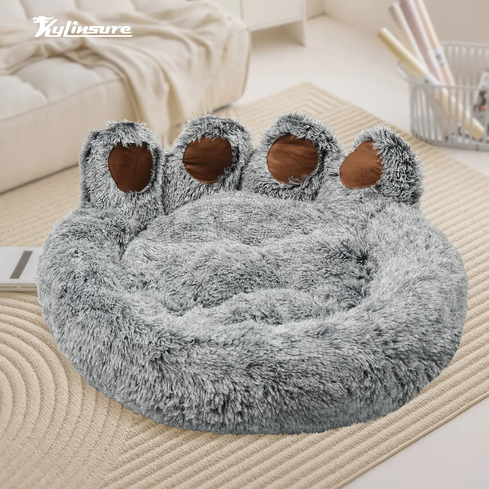 Kylinsure Bear Paw-Shaped Round Donut Dog & Cat Bed - Solid, Skin Protection, Warm Comfortable Cotton Fill Plush Mattress，Grey，With a Pet Scarft