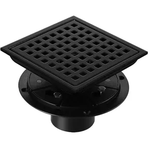 Shower Drain, Matte Black 6 inch Square Shower Floor Drain with Flange, Removeable Grid Panel SUS 304 Stainless Steel Square Shower Drain