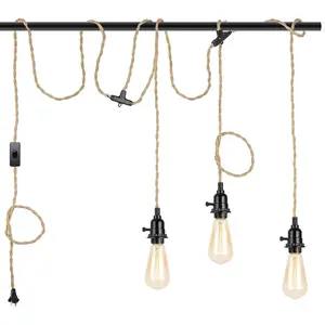Vintage 3-Light Plug-in Hanging Pendant Light 22ft Hemp Rope Lamp Fixture for Kitchen Island Living Room Bedroom