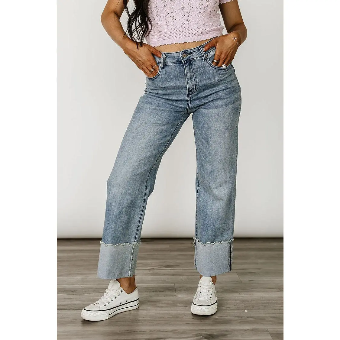 Ampersand 606 Women's Wide Leg Denim Jeans - Comfy Stretchy Fabric Bottoms, Scalloped Cuff Hem, 5-Pocket Medium Wash Style, Pants