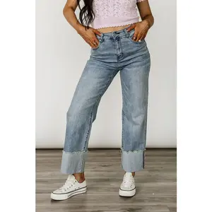 Ampersand 606 Denim Wide Leg Fit Stretchy Fabric Scallop Cuff Hem Medium Wash Classic 5 Pocket Jeans with Ampersand Buttons & Embossed Pockets