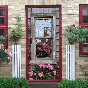 2pcs Vintage Wooden Window Wall Sticker American Country Style Broken Glass Rose Flower Decal Self Adhesive Wallpaper for Living Room Bedroom Home Art Decorative Wall Mural