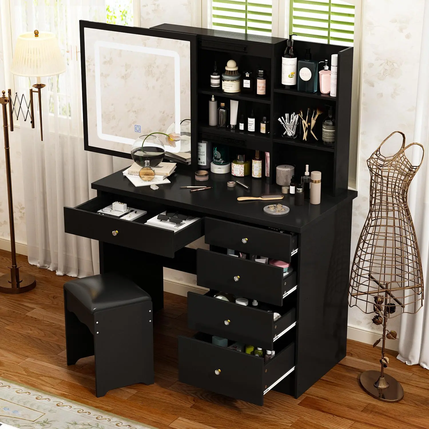 Large Sliding Lighted Mirror-Black