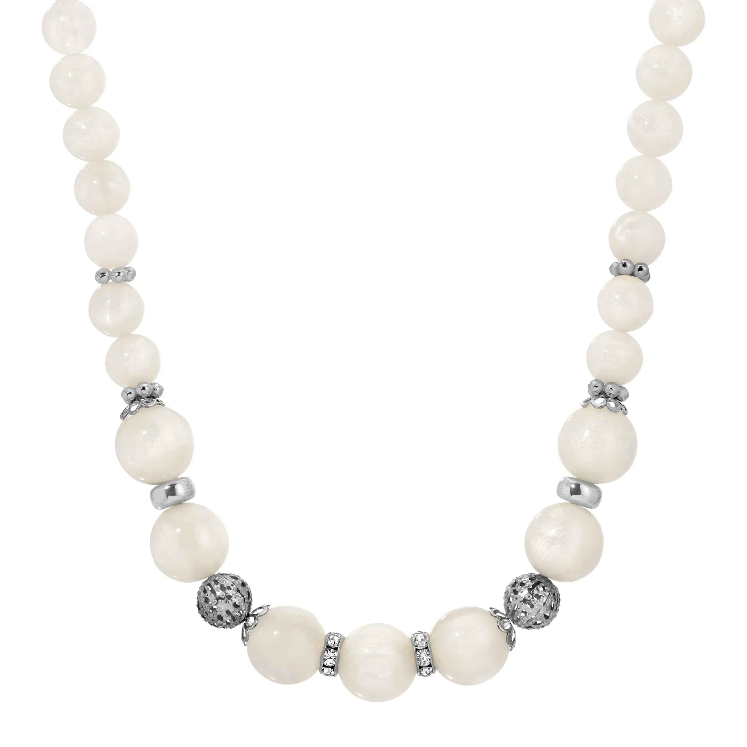 White Moonstone & Silver Filigree Beaded Necklace 16.5" + 3" Extension