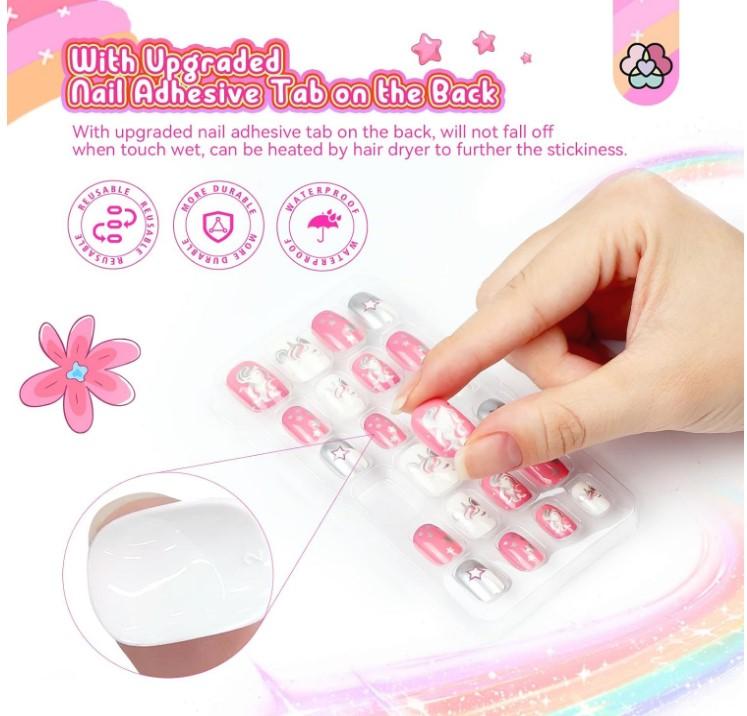 SAVILAND Press on Nails for Kids 168PCS: Kid Press on Nail for Girls Colorful Patterns Kids Fake Nails Tips Strong Adhesion Short Square False Acrylic Nail Art Christmas Easter Gifts 8-12 Years Child
