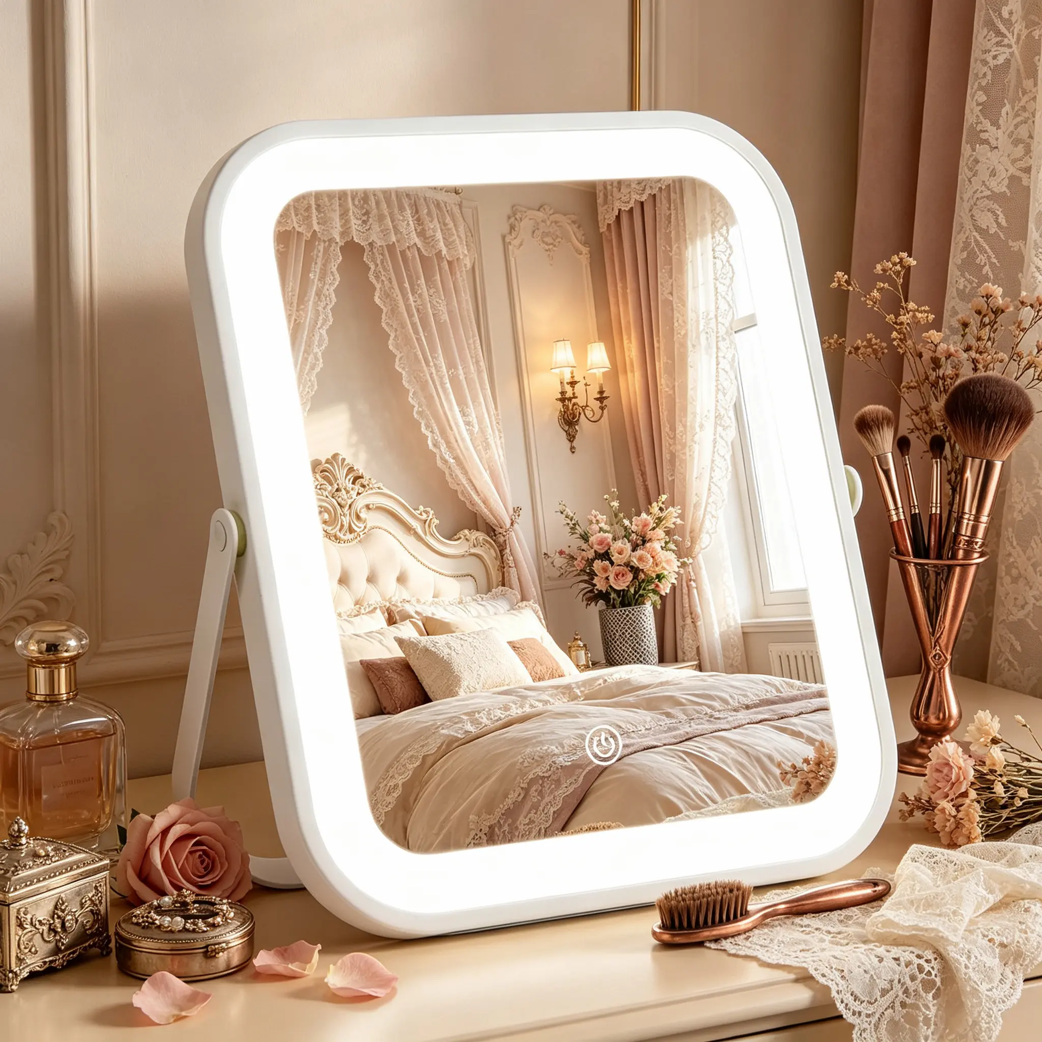 LED Vanity Mirror with Lights, 10x8in Portable Folding Compact Travel Mirror, 1500mAh Battery, Dimmable Touch Screen, Tabletop Design, Women's Gift
