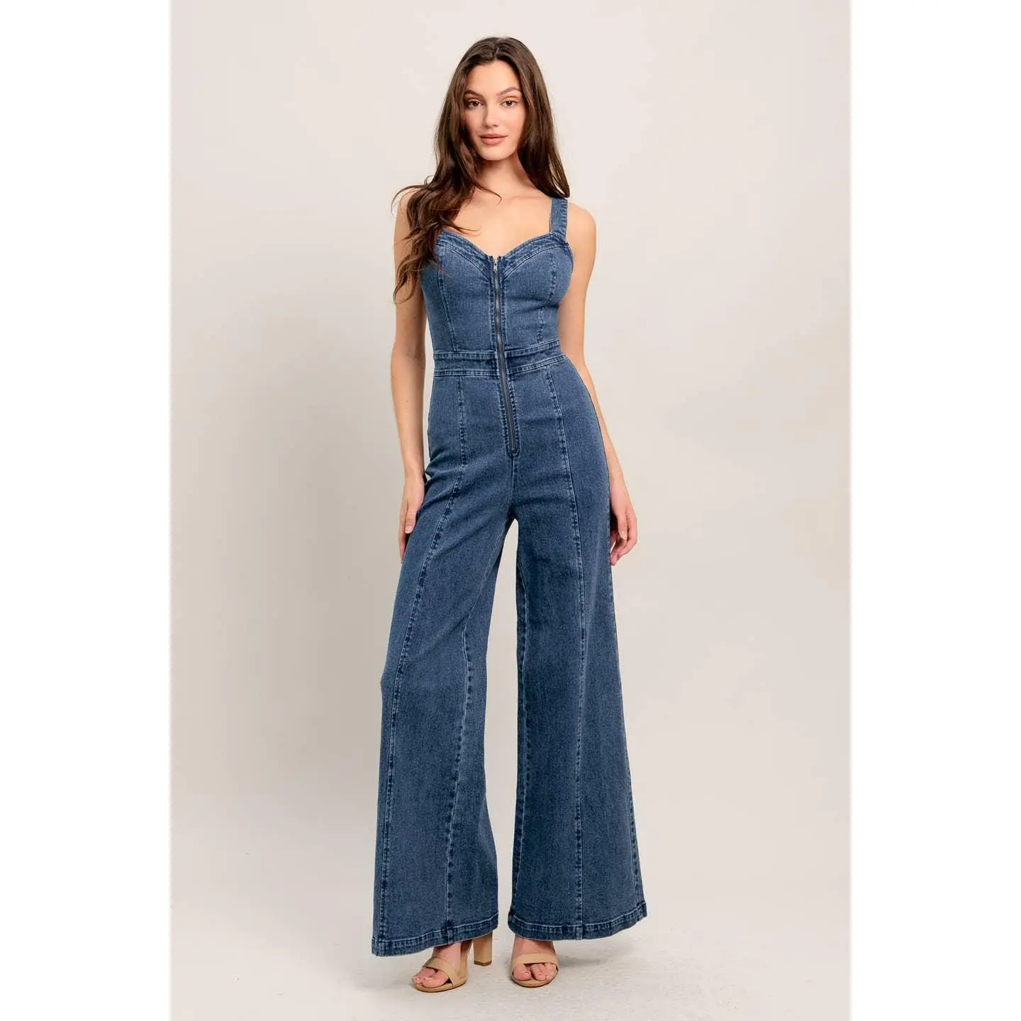 Retro Sweetheart Neckline Dark Wash Denim Jumpsuit
