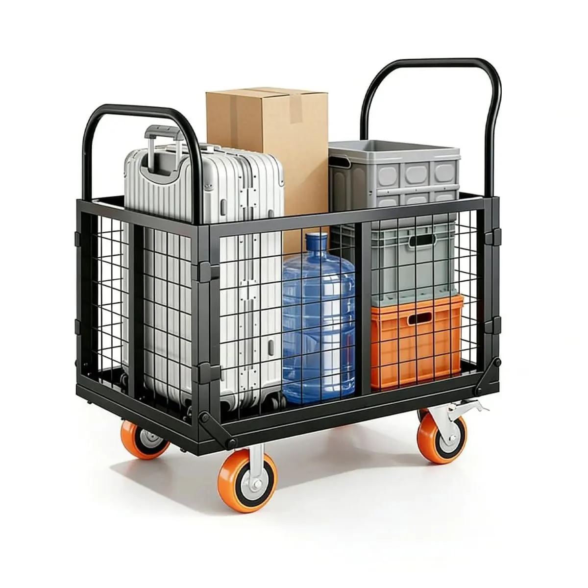 6-in-1 Platform Truck Cart with Cage, Foldable Hand Truck Load 1800 LBS with 4 Wheels Push Cart Dolly for Grocery, Laundry, Garage, Warehouse (Black+Orange) Heavy Duty Wagon Collapsible Garden Cart