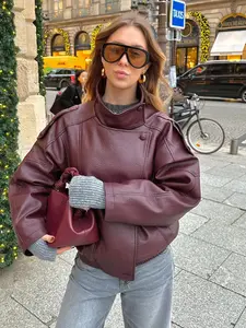 Faux Leather Jacket Woman Outerwears Fashion Asymmetric Zipper Bomber Jacket Demi-Season Streetwear Plus Size Women's Black Jacket Long Sleeve New In Coats Motorcycle Jackets