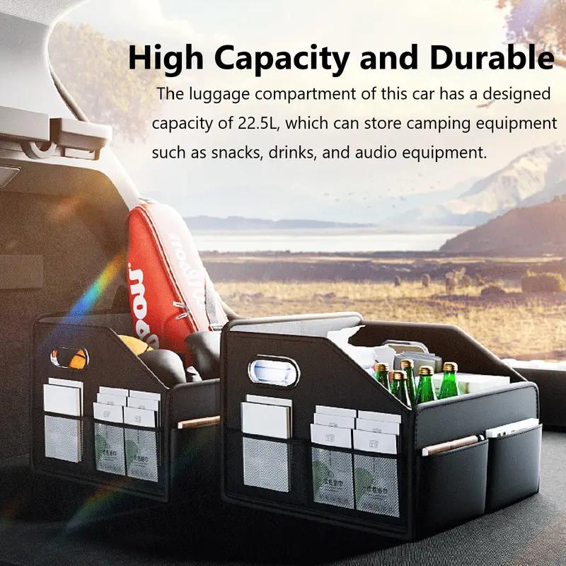 Luxurious PU Leather Organizer For Car Trunk, Large Trunk Cargo Organizer Folding Storage Box with Reinforced Handles, Universal Foldable Car Storage Organizer with Multi-pocket, Black
