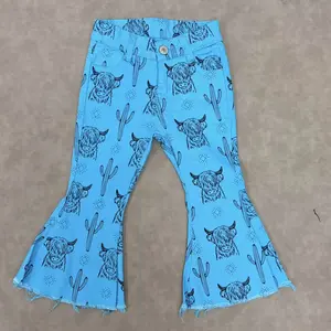 Country Toddler Girls Western Fashion Jeans With Adjustable Waist Little Cowgirls Highland Cow Cactus In Blue Bell Bottom Denim Pants