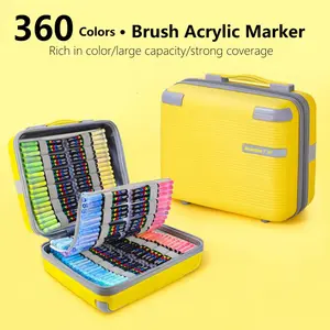 360 Colors Acrylic Paint Markers, Direct-Liquid Ink System, Brush Tip, Waterproof Quick-Drying, Portable Suitcase Case, for Rock, Fabric, Wood, Canvas, Plastic