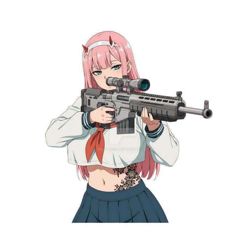 Zero Two with AR-15 Rifle Tactical Schoolgirl Sticker – Anime Vinyl for Laptop & Gear Setup, Anime Waifus Sticker