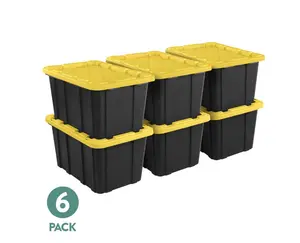 Sterilite Large Storage Bin, 27 Gallon Durable Plastic Storage Tote with Snap-On Lid, Black and Yellow, 6 Pack