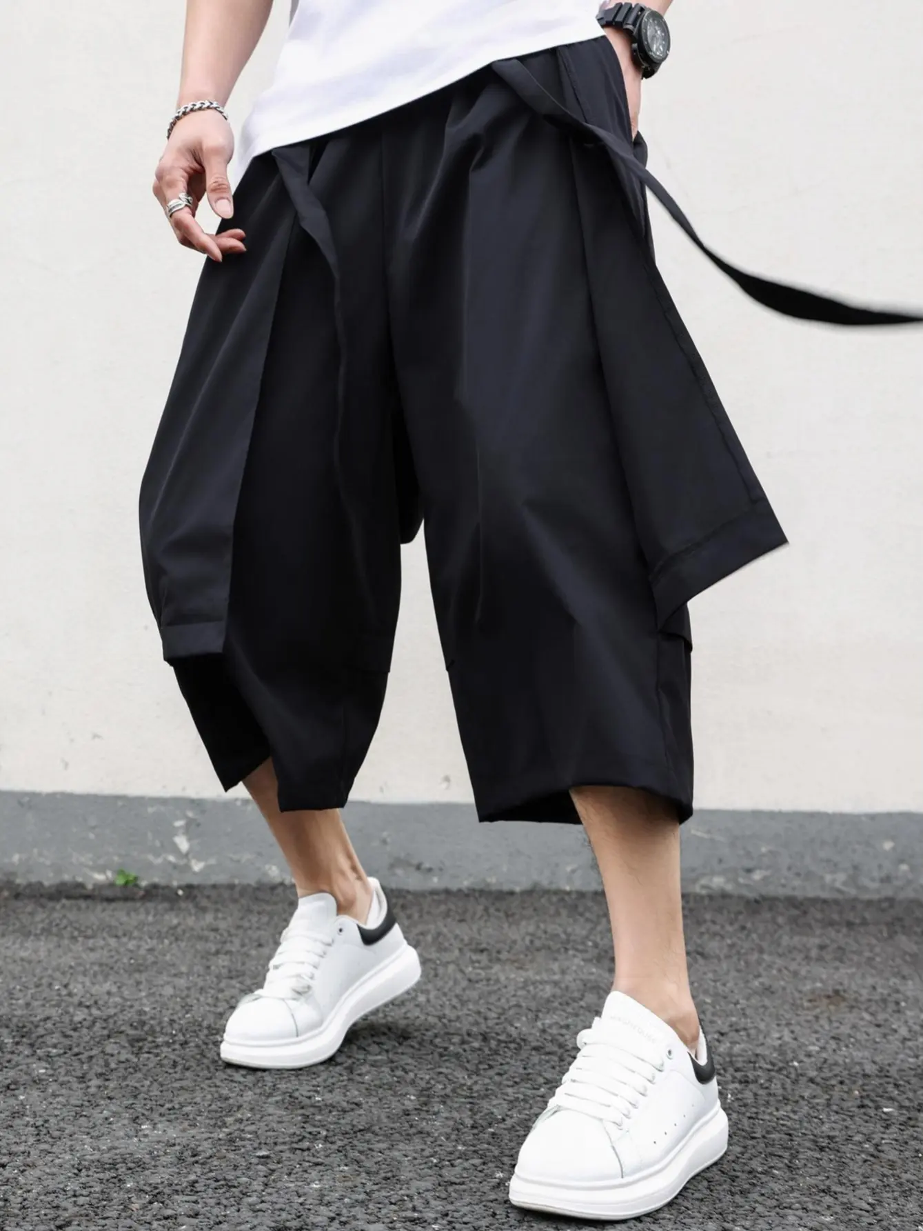 Men's Black Wide Leg Culottes | Y2K Streetwear Baggy Casual Bottoms Men's Black Wide Leg Culottes | Y2K Streetwear Baggy Casual Bottoms