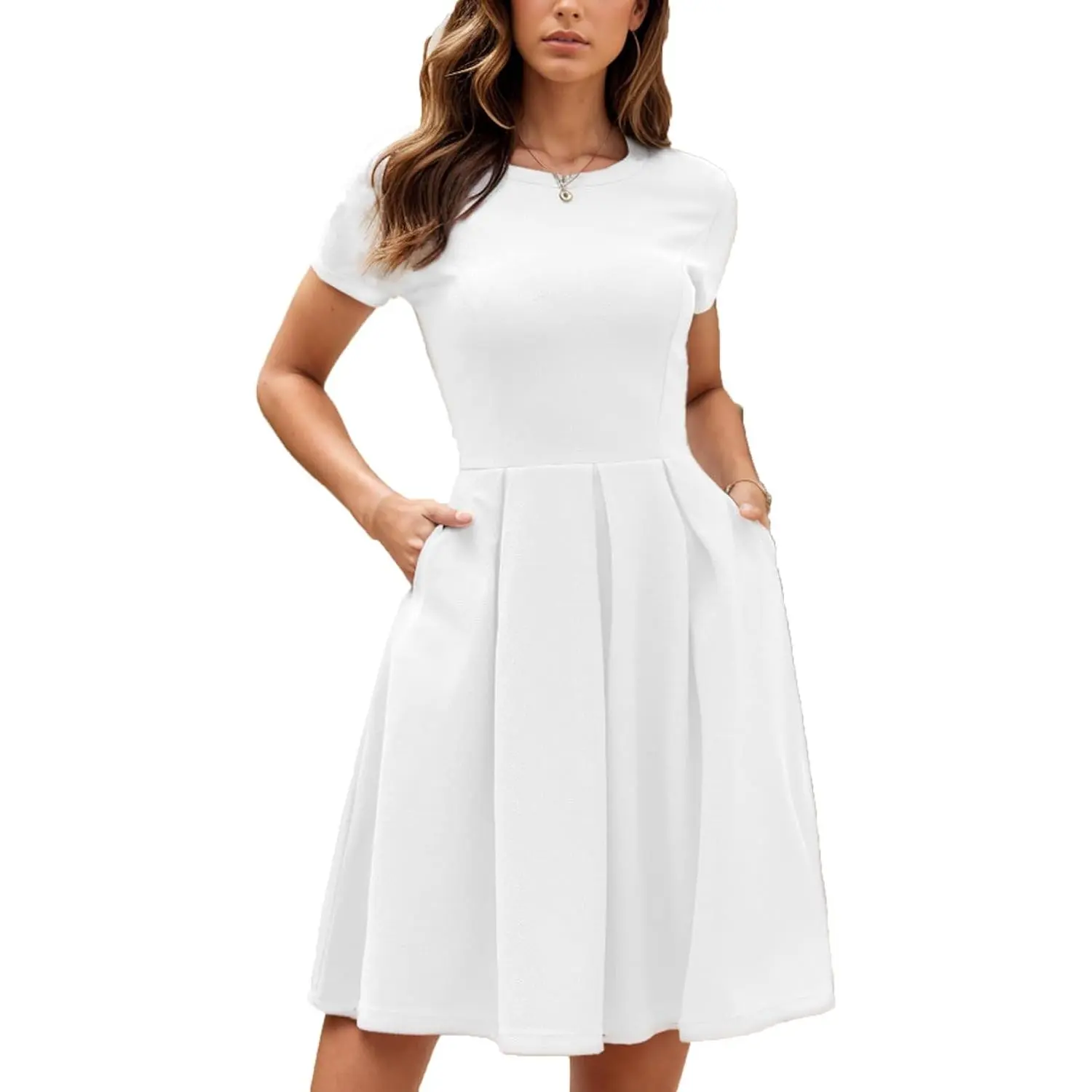Women's 2024 Summer Modest Elegant A-Line Fit & Flare Above-the-Knee Dress with Pockets - Sunday Church, Party Outfit, Bridesmaid Clothes (Style S253)