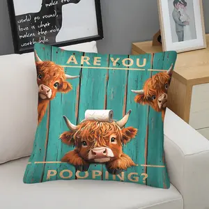 Funny Highland Cow Print Throw Pillow, Humorous Cushion, "Are You Pooping?" Accent Pillow (Includes Pillow Core), Farmhouse Highland Cow Decor for Bathroom Themed Bedroom & Sofa