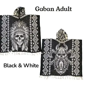 Calaveras Gaban Afelpado Shawl Warm by Mexican Artisans Black & White Adult Size Handcrafted Poncho