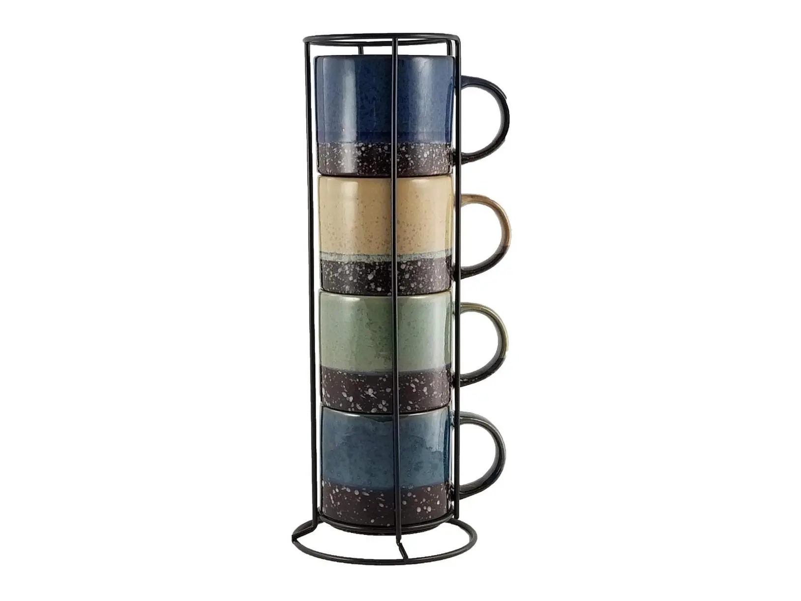 Marcelle W03M177-1 4-Piece 14 oz Stackable Coffee Mug Set with Handles, Multi-Color Cup for Drinks and Stand