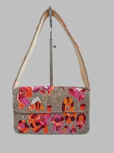 Artisanal Floral Beaded Handbag - Vibrant Evening Bag, Pink & Coral Flower Evening Purse,  Boho Chic Artisanal Clutch, Beige Seed Bead Clutch with Flowers