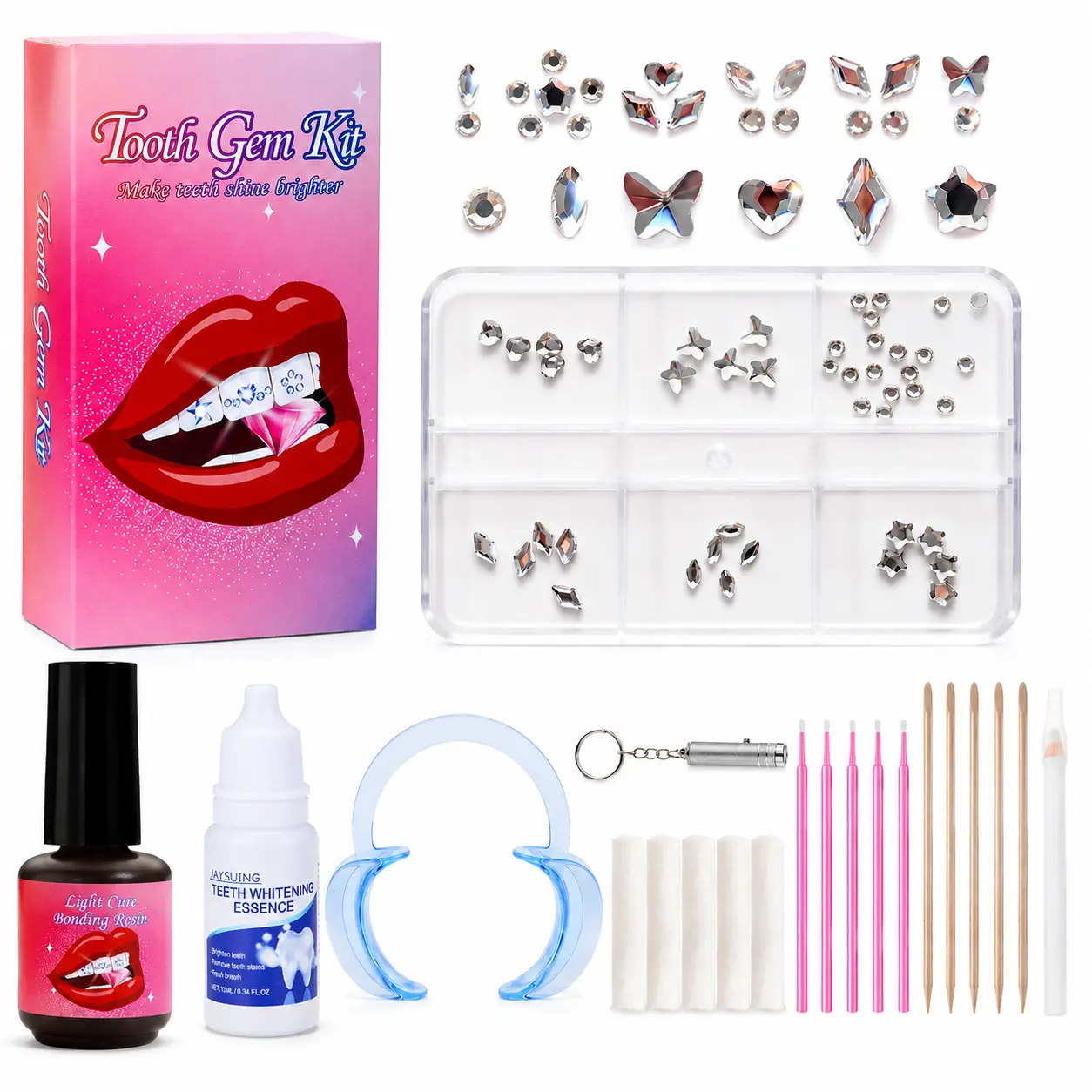 Reusable Tooth Gems Kit – 8 Festival-Ready Designs (Star, Butterfly, Fang), UV Light & Glue Included, DIY Crystal Rhinestones for Teeth – Instant Sparkle for Night Out, Rave, Vacation
