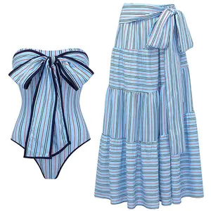 FLAXMAKER Women's Blue Striped Multiway Tie One Piece Swimsuit and Matching Skirt Set Beachwear Swimdress Bathing Suit Bathing Suit Stylish Beachwear #TikTokShopBlackFriday