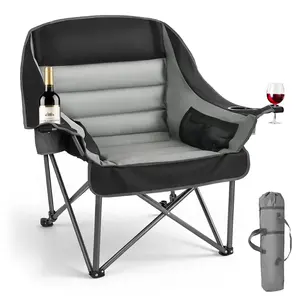 【FathersDayGift】VEVOR Oversized Camping Chairs, 450 lbs Heavy Duty Support, Portable Padded Folding Camp Chairs with Dual Cup Holders & Wine Glass Holders, Carry Bag for Outdoor, Fishing, Black & Gray, 1 Pack