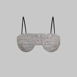 Tank Tops Strappy Off Shoulder Meshshiny Rhinestone Bra With A Super Short Chest Pad Underneath Sexy Club Corset Tops Woman Shirt Streetwear Casual Camis Summer Party Tee Ladies Bra Fashion Y2k Tube Corp  Top