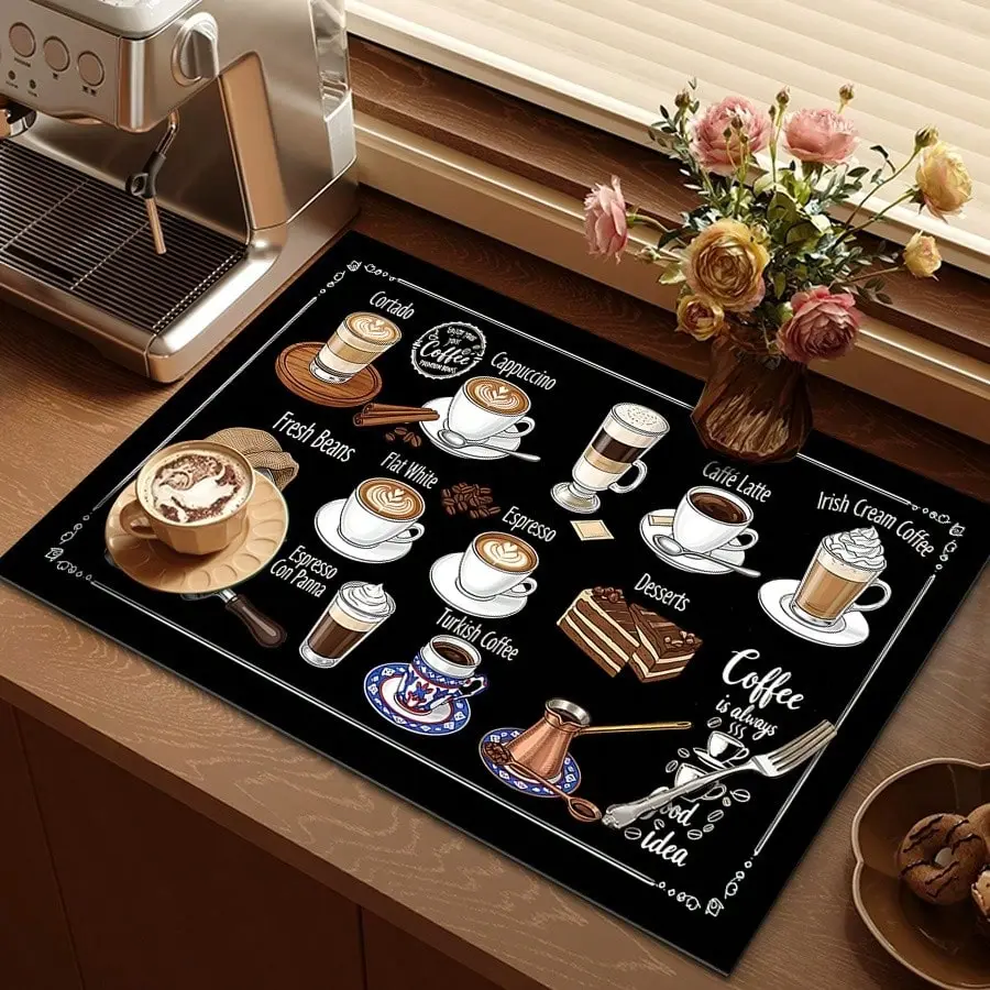 PINSOUL Vintage Coffee Machine Mat - Super Absorbent Polyester Drying Mat for Kitchen Countertop and Barista Station. Durable Non-Slip Decorative Pad for Home and Office. Elegant Coffee Bar Decor, Ideal Holiday Gift for Coffee Lovers and Family.