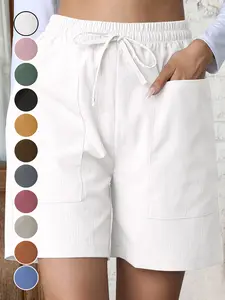 Women's Casual Loose Fit Shorts with Pockets, Summer Cool Bottoms, Adjustable Drawstring Waist, Mid Waist, H-Type Silhouette, Plain Pattern