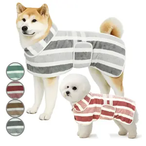 Dog Dress Plush Warm Pet Clothes Husky Clothes Quick Dry Bathrobe Super Absorbent Shower Towel Striped Style Dog Pajamas Sleepwear for Small Medium Large Dogs