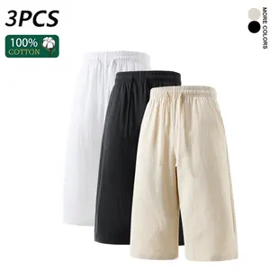 3 pieces, 100% cotton linen, 3/4 length pants for men and women, summer casual cropped beach trousers with elastic waistband and drawstring, breathable