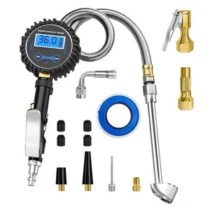Digital Tire  Gauge with Inflator, 250 PSI Heavy Duty Air Chuck Air Compressor Attachments, Improved Leaks Protection & Stainless Braided Hose Tire Gauge, 0.1 Display Resolution