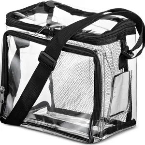 New stylish PVC transparent lunch bag with adjustable shoulder strap, front storage compartment, and mesh pocket for outdoor lunch