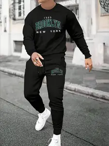 Men's Casual Letter Print Hoodie Set, Round Neck Long Sleeve Top + Drawstring Jogger Pants, Fall & Winter Fitted, 2 Piece Pack