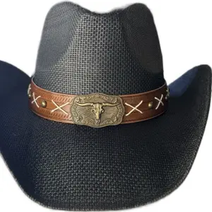 Black Cowboy Hat with Brown Band and Longhorn Accent