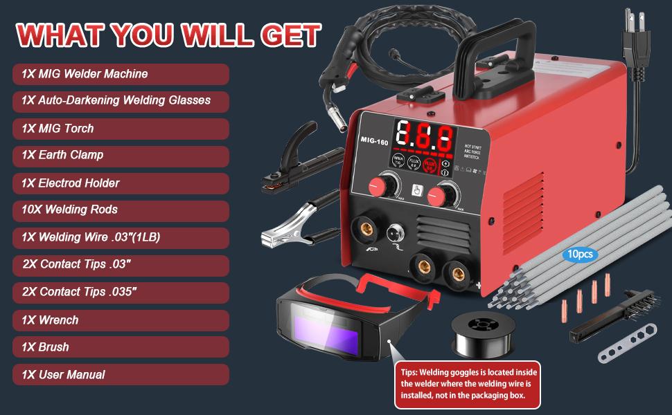 160Amp 3 IN 1 Welder, Flux Core Welder/Lift TIG/Stick Welding Machine, Auto Darkening Welding Glasses MIG Welder, Portable MINI Welder Machine 110V, Gasless MIG Welder with IGBT Inverter