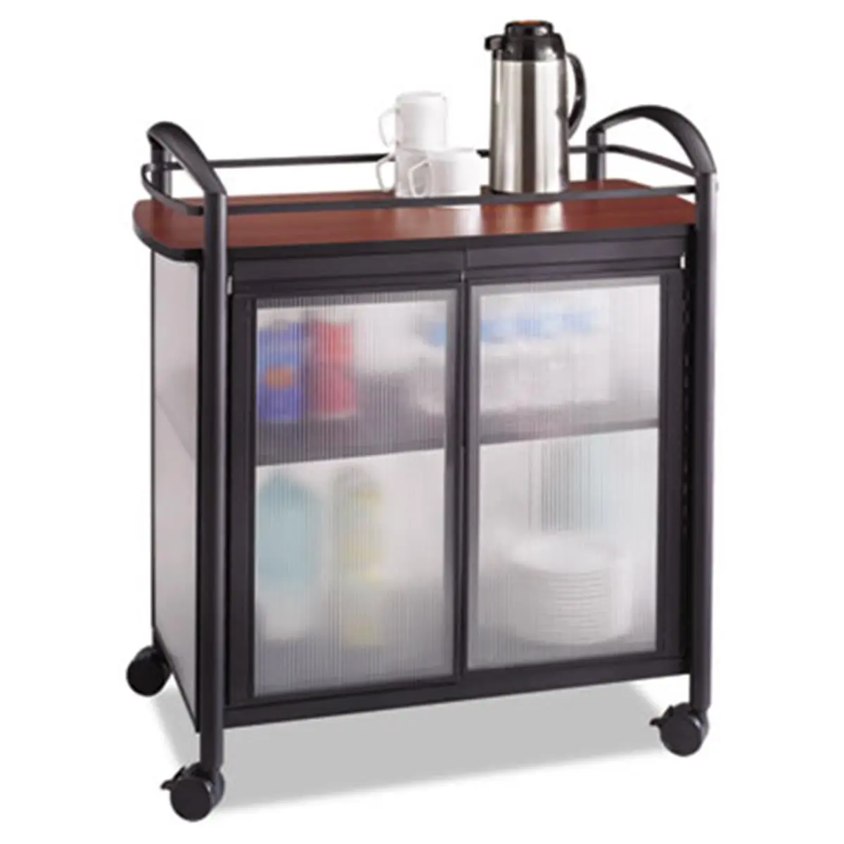 Safco 8966BL Impromptu Refreshment Rolling Cart - 1-Shelf Steel Organizer Racks, Doors, Translucent Accents, Cherry-Black Finish, Easy Mobility, 34w x 21.25d x 36.5h in, for Office Rolling Cart Organization