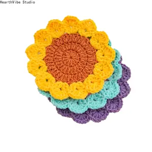Hand-Crocheted Sunflower Coaster — Tea Cup Mat, Heat-Resistant Trivet, Yarn-Woven Tableware Accessory